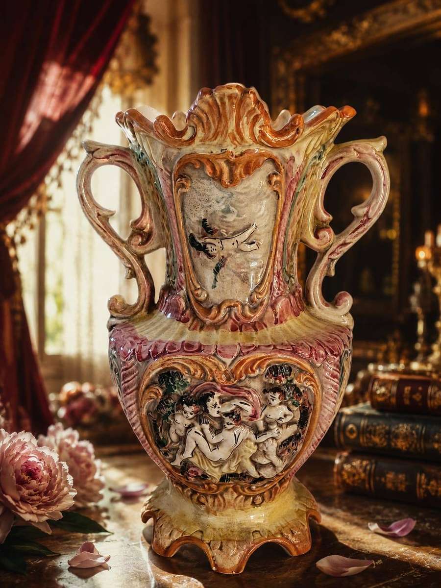 Vintage Capodimonte-Style Italian Ceramic Vase  Baroque Figural Relief, Twin Handles