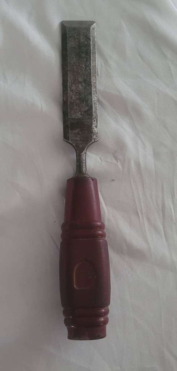 Vintage Wood Chisel  Maroon Plastic Handle  Bevel Edge  25mm  Vintage Hand Tool