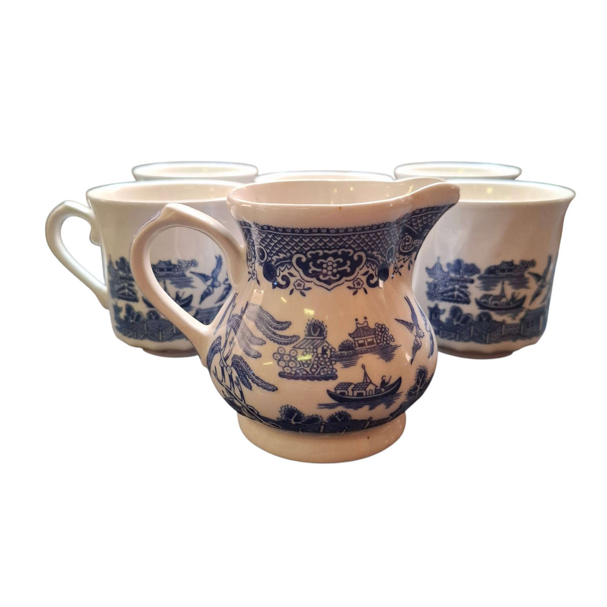 Vintage Churchhill Blue Willow cups with Milk Jug - 6pcs