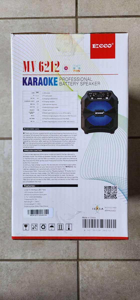 Speaker Ecco MV6212 8 Inch TWS True Wireless Black