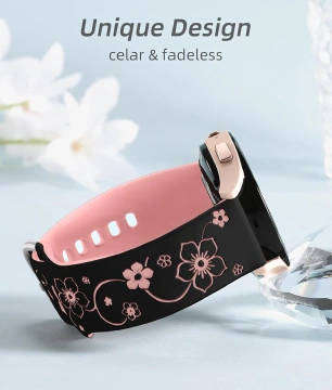 Flower Engraved Silicone Band Compatible With Samsung Galaxy Watch - Black