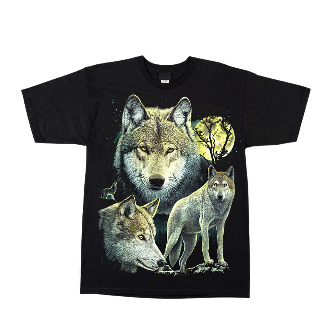Wolves x3 - Black T-shirt-High Definition Glow In The Dark (TS0163S)