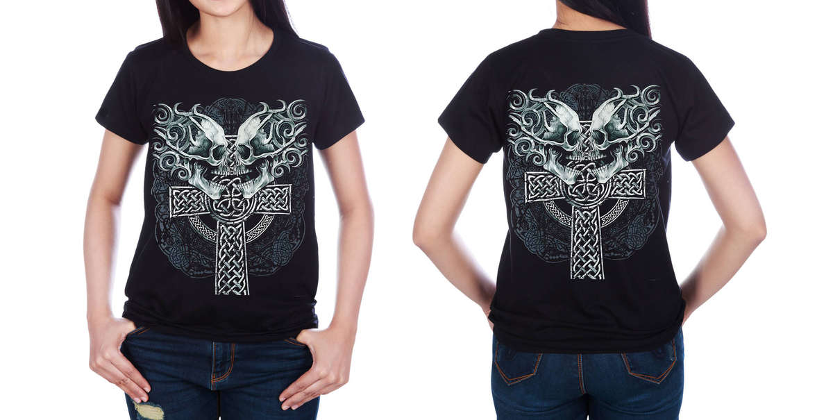 Skulls on Celtic Cross - Black T-shirt-High Definition Glow In The Dark (TS0119S)