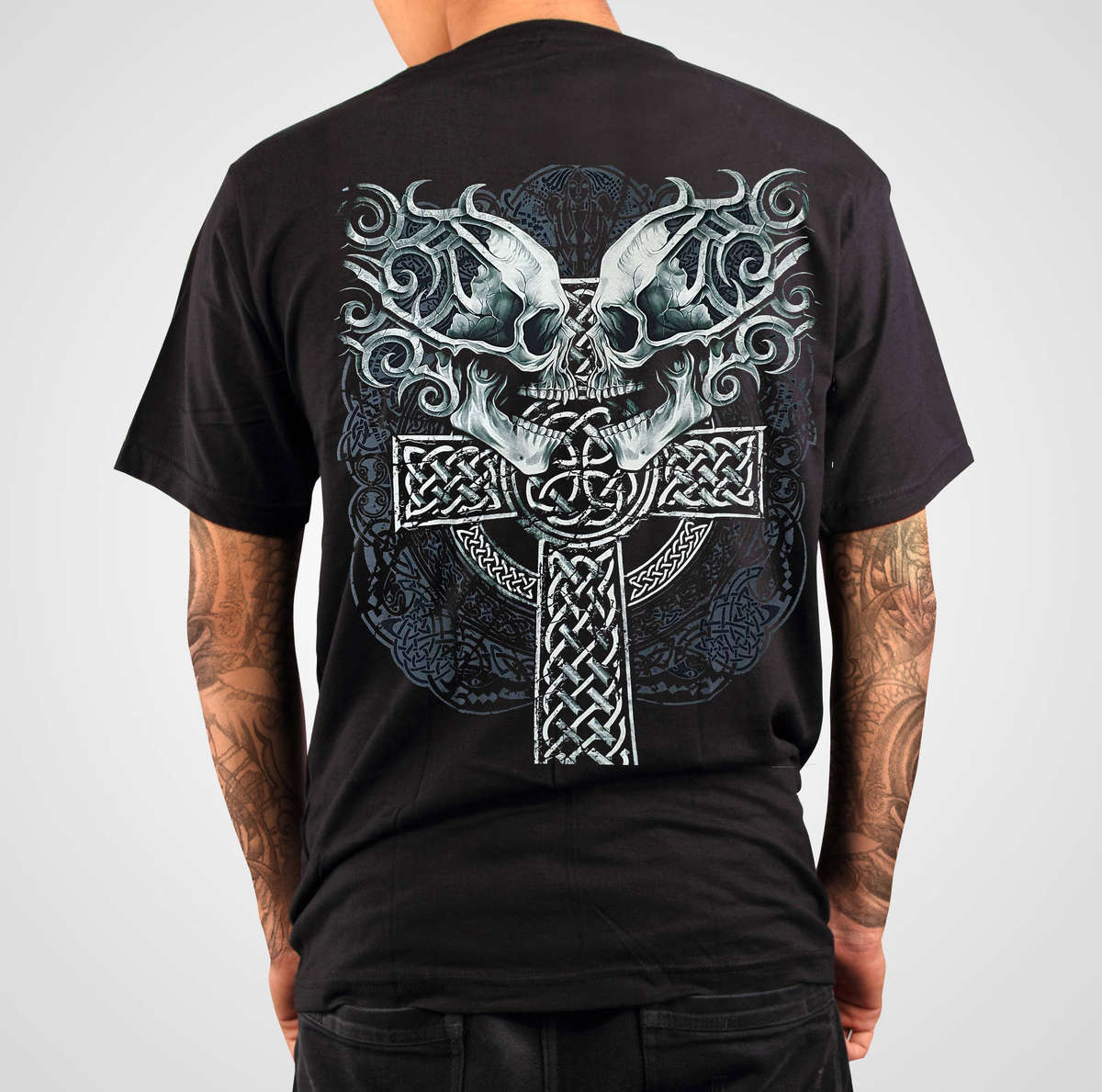 Skulls on Celtic Cross - Black T-shirt-High Definition Glow In The Dark (TS0119S)