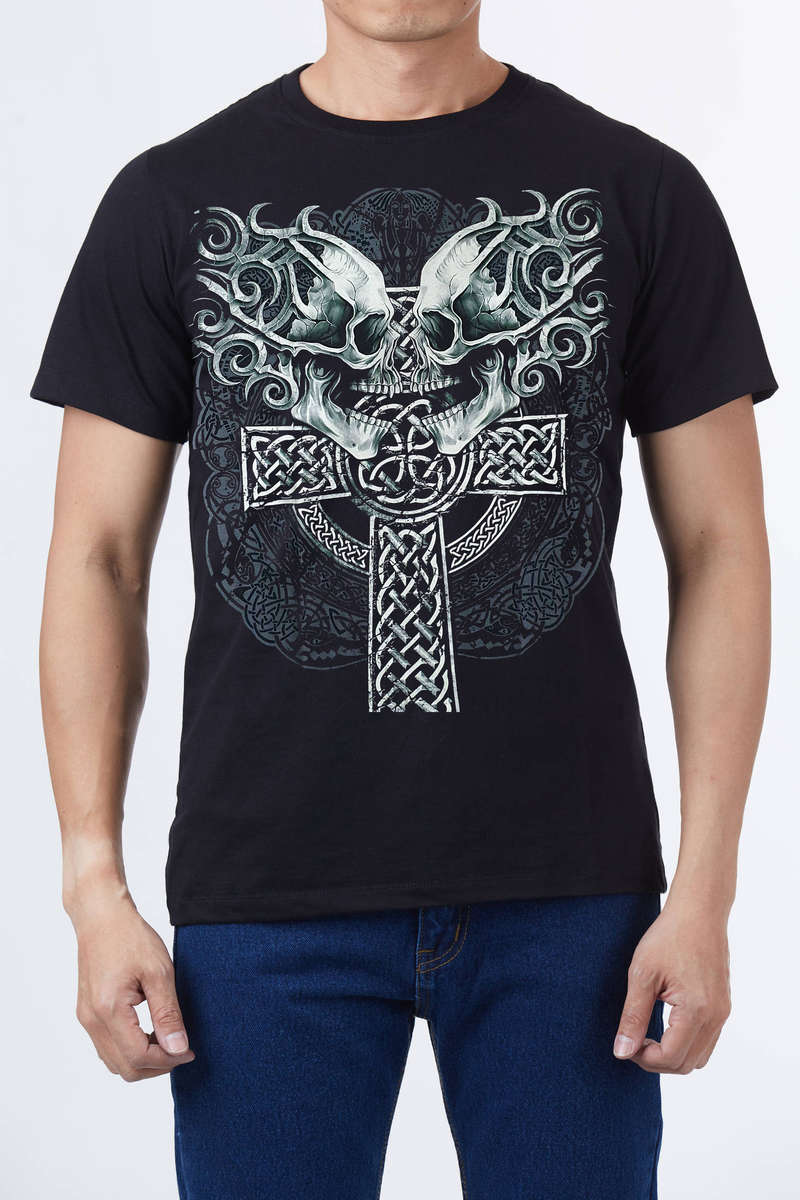 Skulls on Celtic Cross - Black T-shirt-High Definition Glow In The Dark (TS0119S)