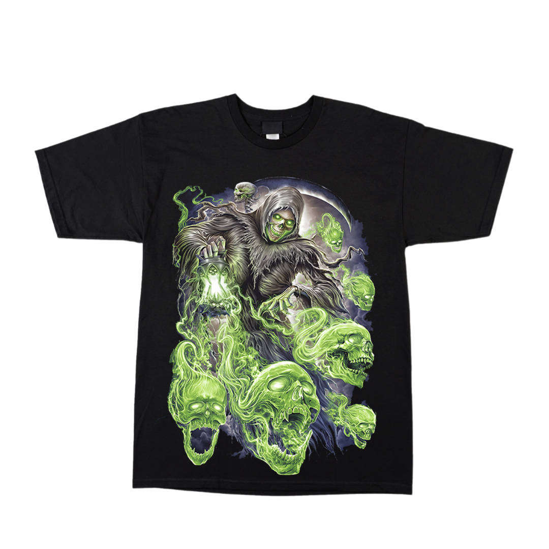Green Skull Spirit-Black TShirt-High Definition Glow In The Dark Tshirt (TS0044L)