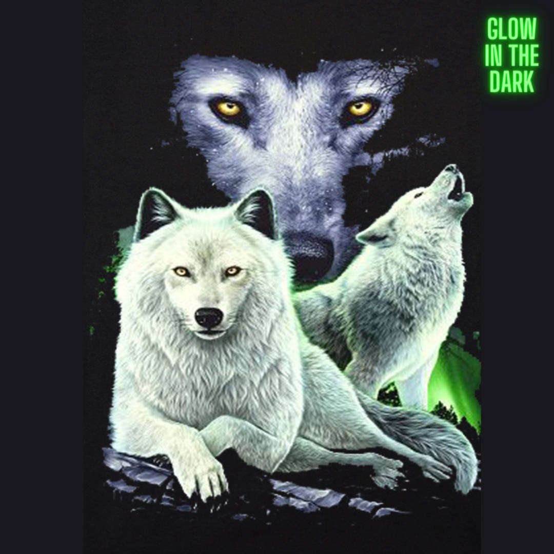 White Wolf Trio - Black T-Shirt - High Definition Glow In The Dark (TS0047XL)