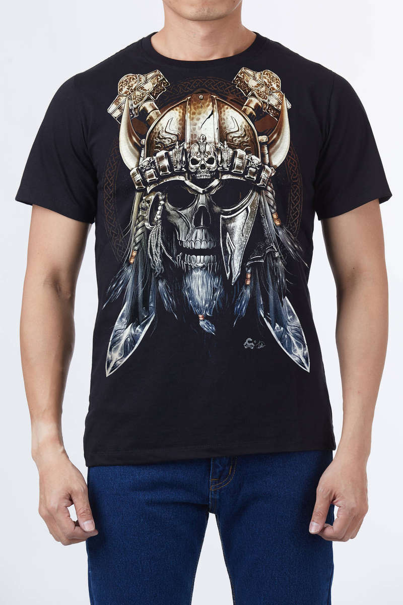 Viking Skull - Black T-shirt-High Definition Glow In The Dark (TS0063M)