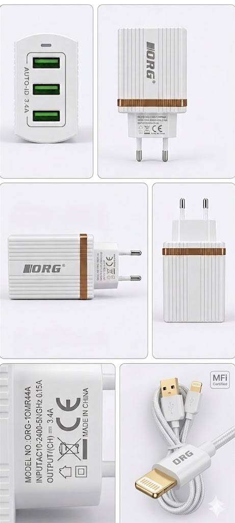 ORG 3.4A 3 USB Port Fast Charger with USB to I-Phone Cable