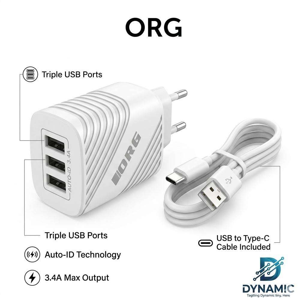 ORG 3.4A 3 USB Port Fast Charger with USB to Type-C Cable