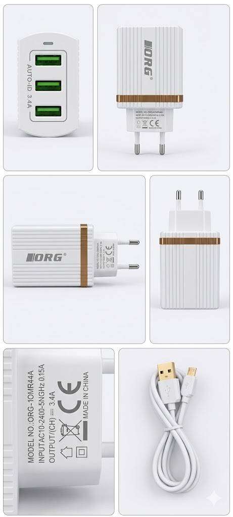 ORG 3.4A 3 USB Port Fast Charger with USB to Micro Cable