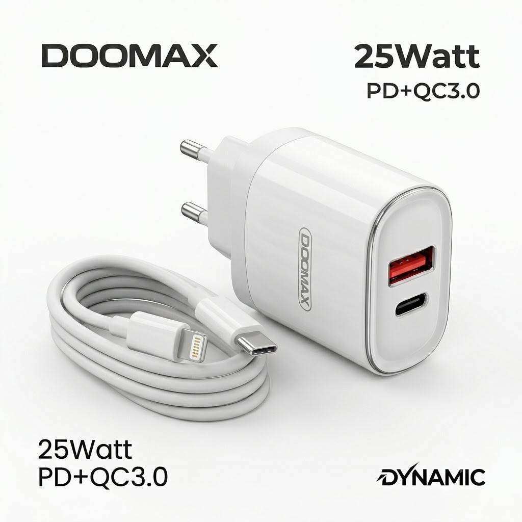 DOOMAX 25W Fast Charger USB & Type-C Dual Port Wall Charger with Type-c to I-Phone Cable