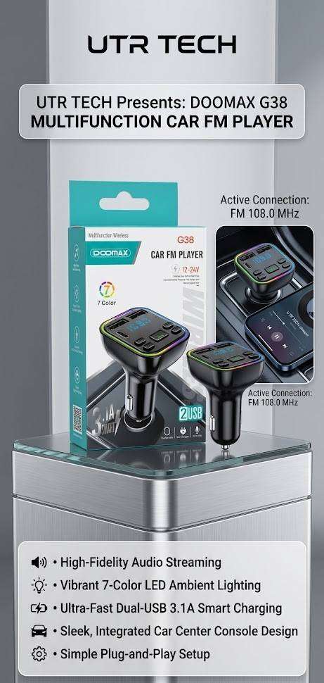 DOOMAX Multifunction Wireless Car FM Player with Dual USB Ports, Type-C Port & 7 Colour LED