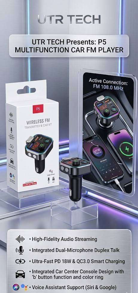 P5 Wireless FM Transmitter and Car Kit with Dual USB Ports, Type-C Port & 7 Colour LED