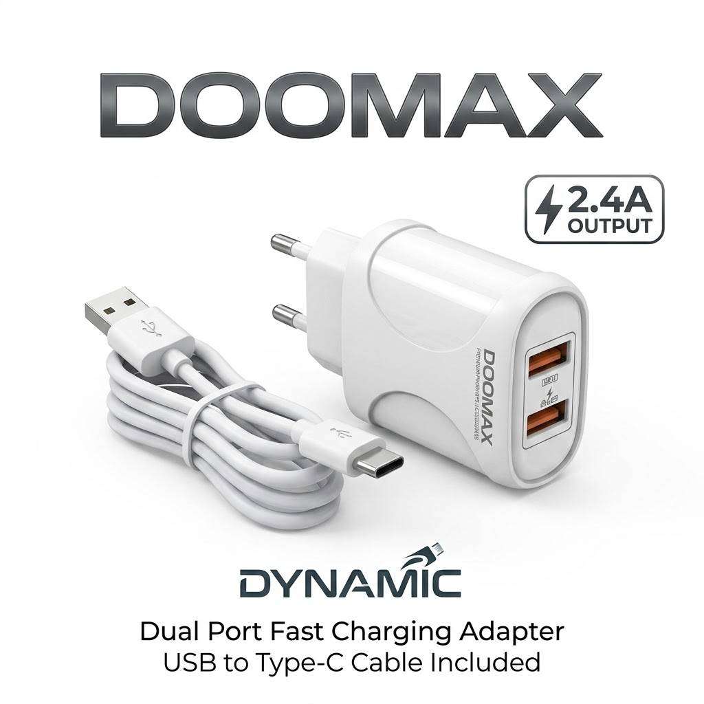 DOOMAX 2.4A Dual USB Port Home Charger with Type-C to USB Cable