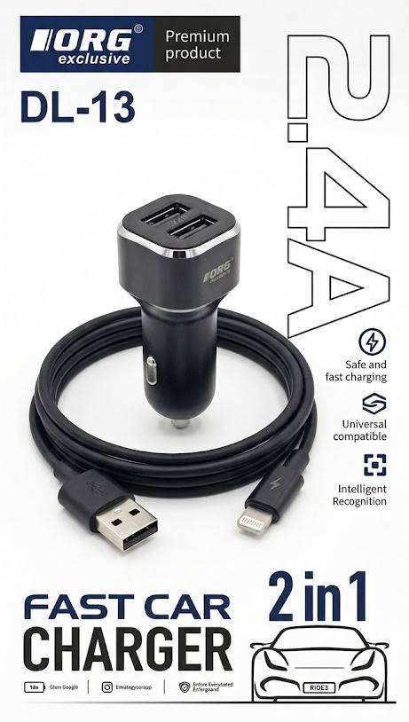 ORG 2.4A Dual USB Port Car Charger with USB to I-Phone Cable