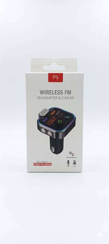 P5 Wireless FM Transmitter and Car Kit with Dual USB Ports, Type-C Port & 7 Colour LED