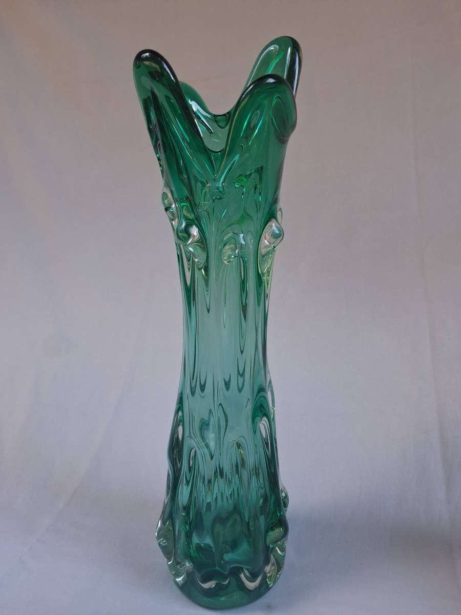 Vintage Murano Emerald Green Art Glass Vase  Tall Sculptural Statement Piece
