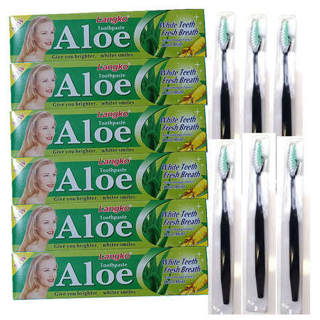 6 Pack Aloe & Mint Toothpaste with 6 Bamboo Bristle Toothbrushes - 2 Pack