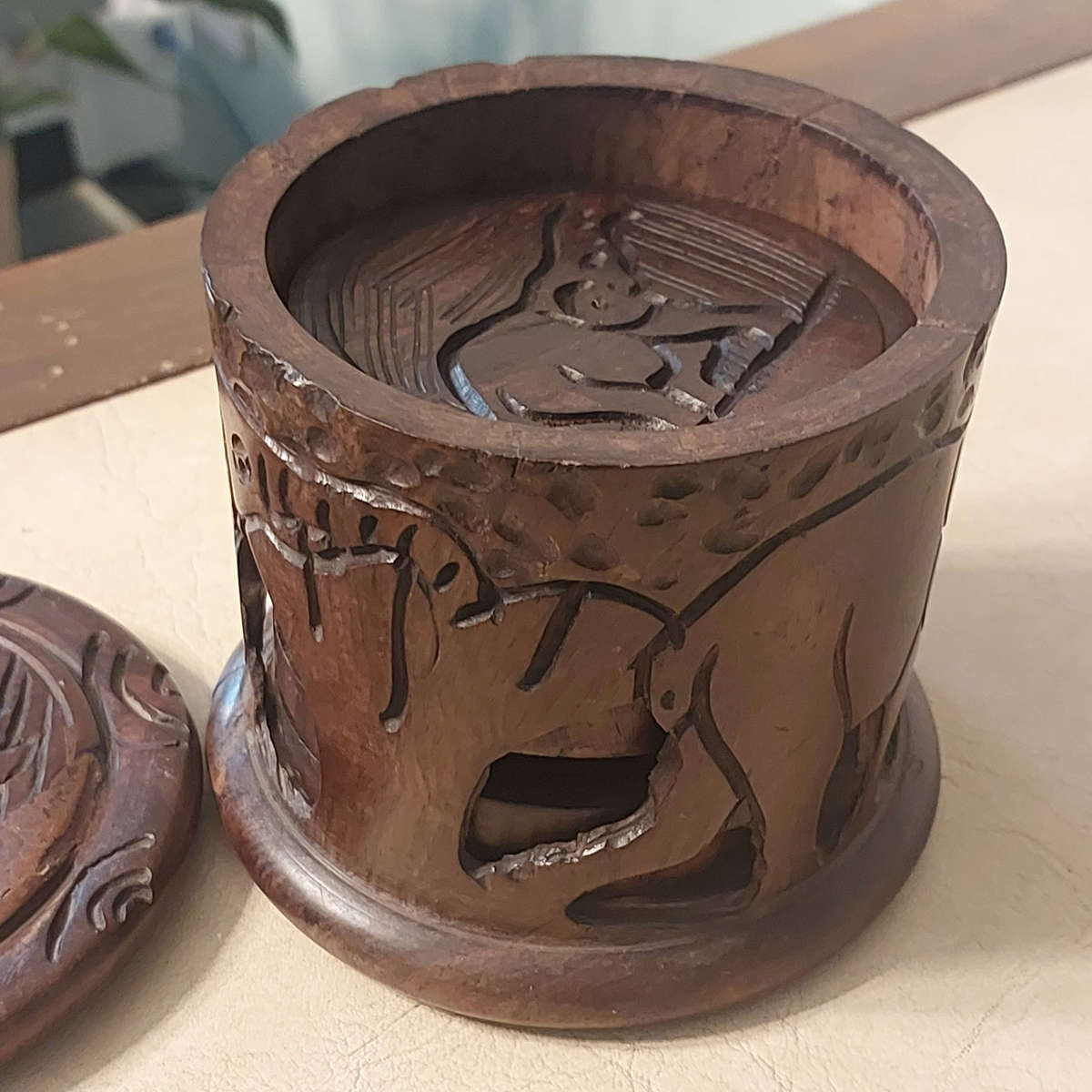 Handmade Set of Six African Elephant Hardwood Coasters with Holder