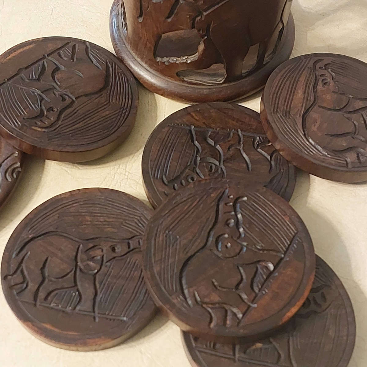 Handmade Set of Six African Elephant Hardwood Coasters with Holder