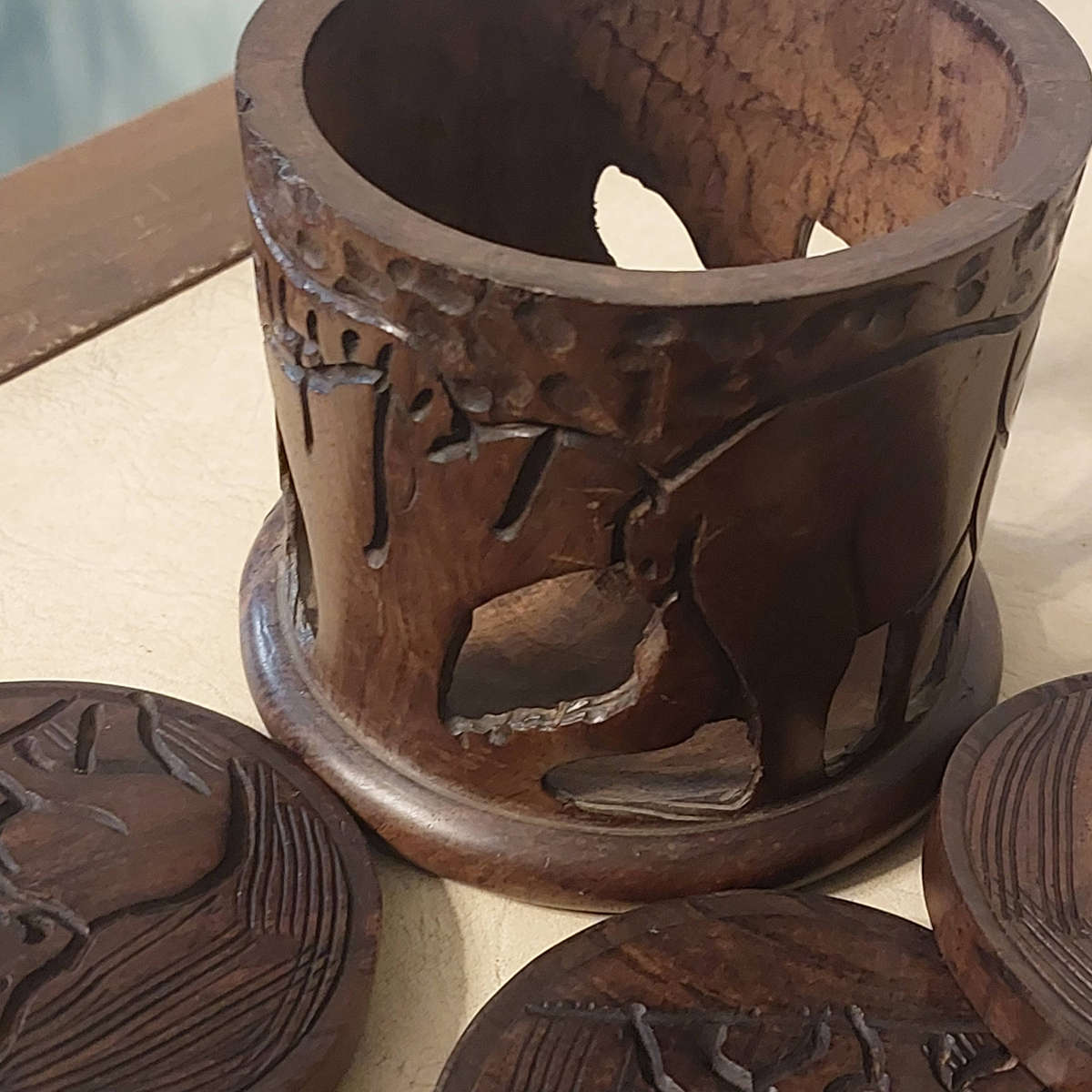 Handmade Set of Six African Elephant Hardwood Coasters with Holder
