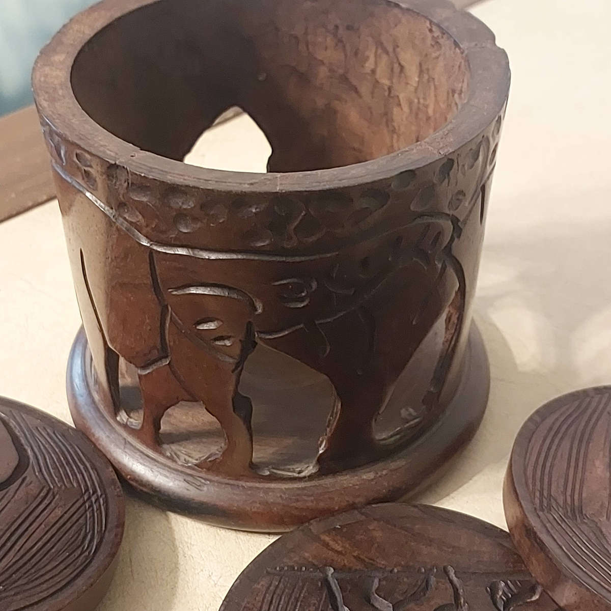 Handmade Set of Six African Elephant Hardwood Coasters with Holder