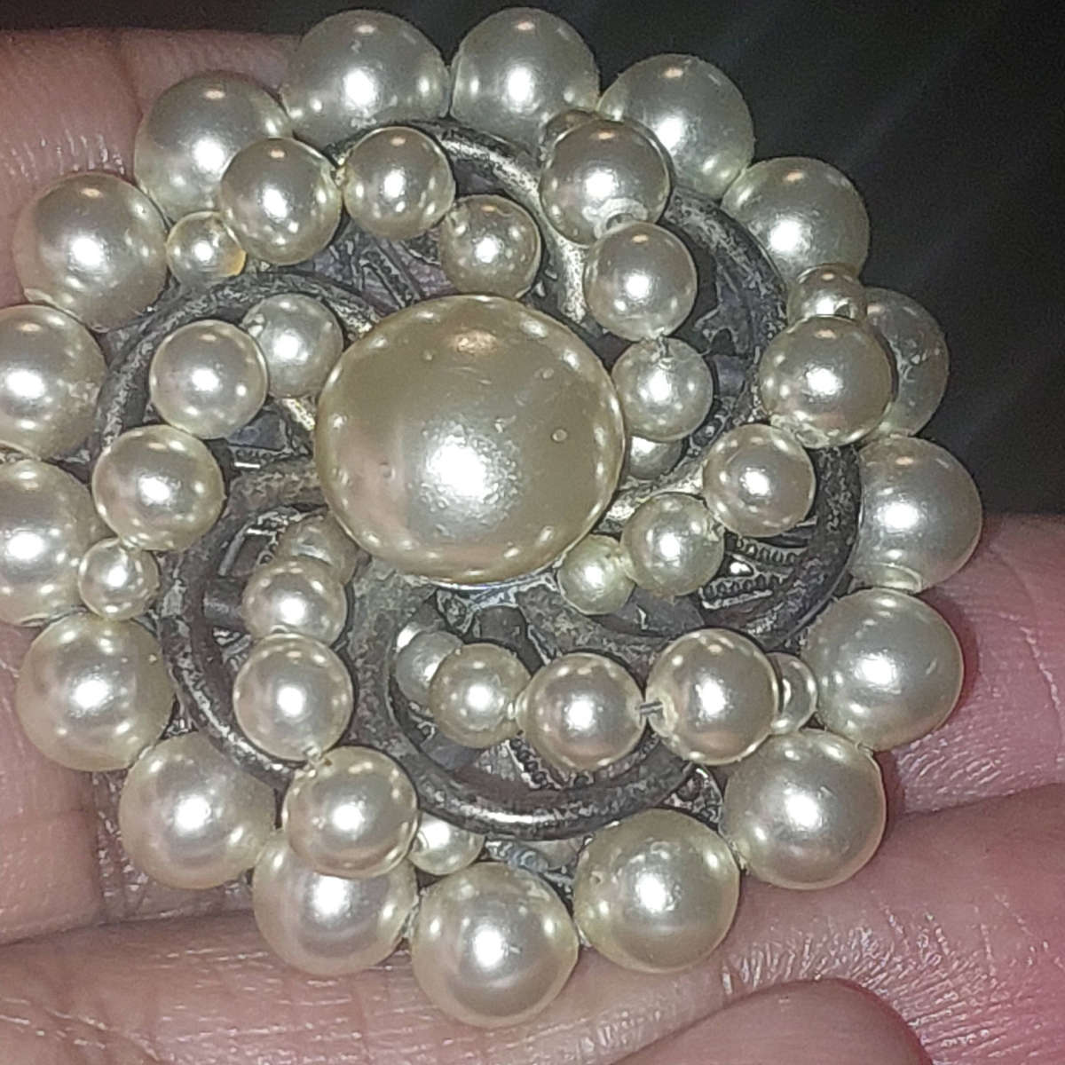 Vintage Silver - Tone (Not Sterling) Faux Pearl Cluster Broach.