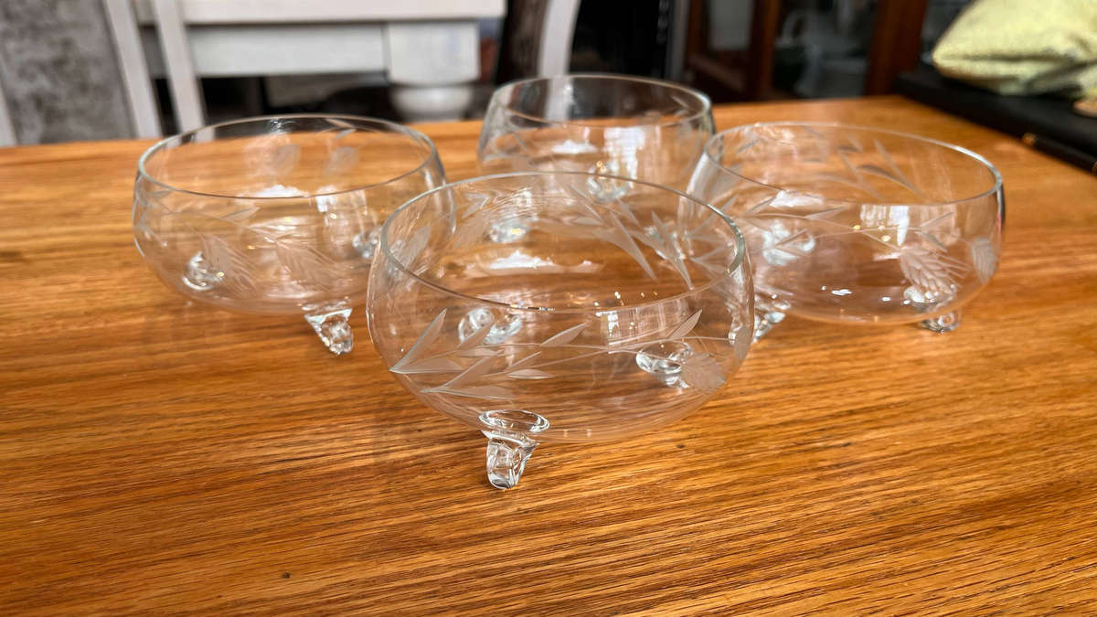Vintage Set of 4 Wheel-Etched Crystal Dessert Bowls  Elegant 3-Footed