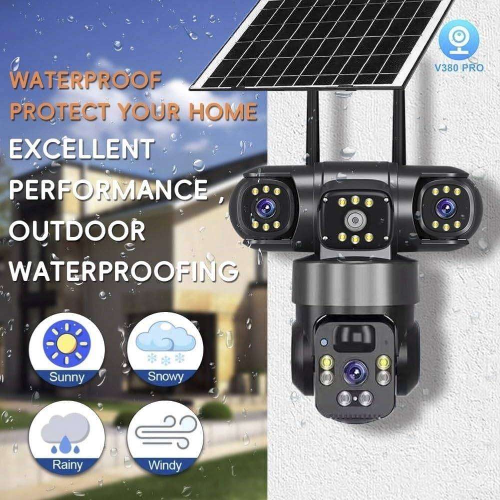 Solar Powered Security Camera 4K Wireless Outdoor 360° Pan Tilt Three Lens Battery CCTV System 2.4G