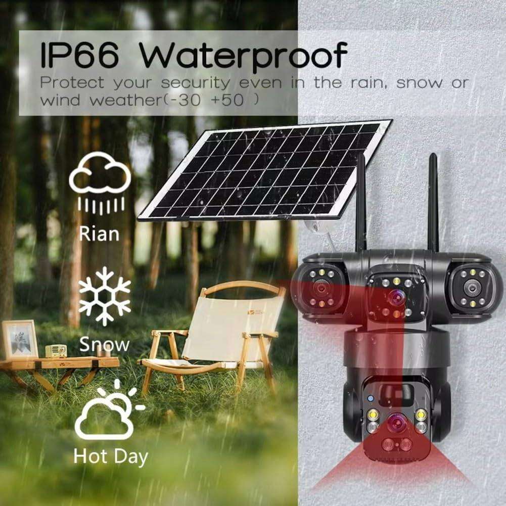Solar Powered Security Camera 4K Wireless Outdoor 360° Pan Tilt Three Lens Battery CCTV System 2.4G