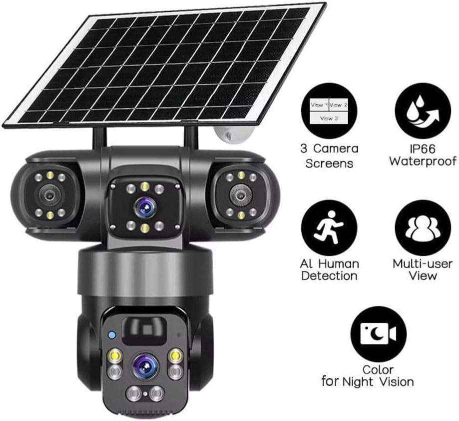 Solar Powered Security Camera 4K Wireless Outdoor 360° Pan Tilt Three Lens Battery CCTV System 2.4G