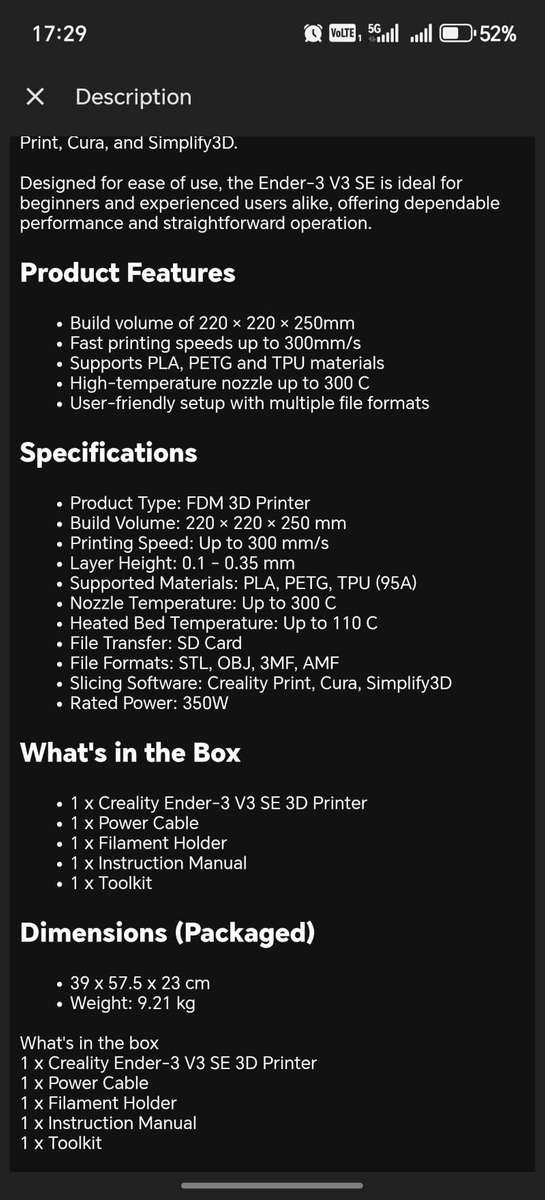 Creality ender 3v3 SE 3D printer