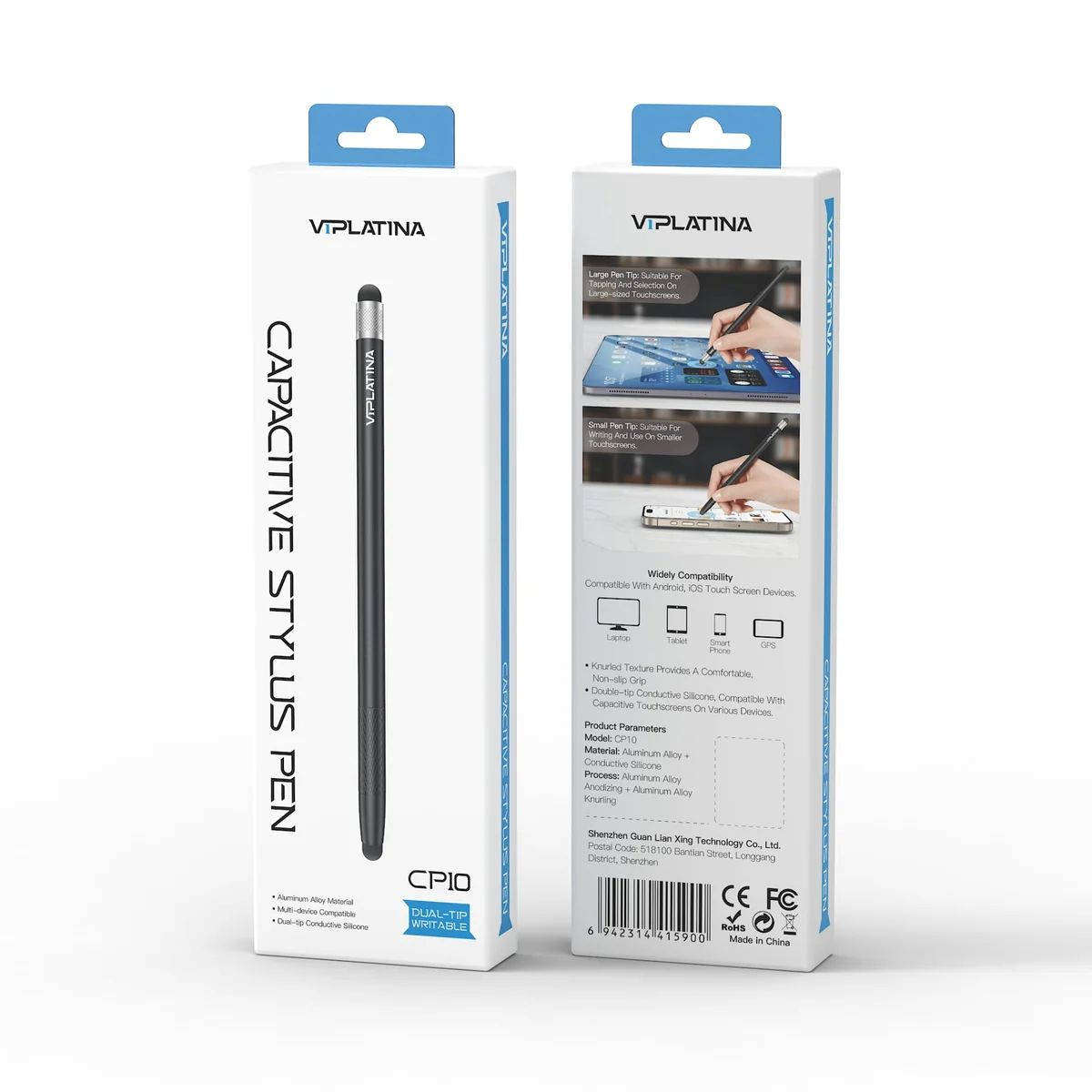VIPLATINA CP10 Universal Stylus Pen, Black, Dual Tip, for Tablets and Touchscreen Devices