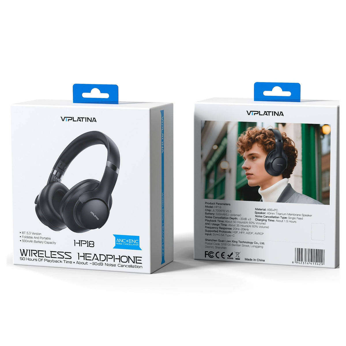 VIPLATINA HP18 Wireless Headphone, Black, ANC+ENC Noise Cancellation, Bluetooth 5.3, 50 Hours
