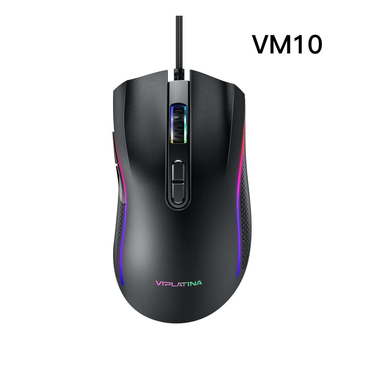 VIPLATINA VM10 Wired USB Gaming Mouse, 7200DPI, 7 Buttons, RGB Lighting, 1.5M Braided Cable, Black