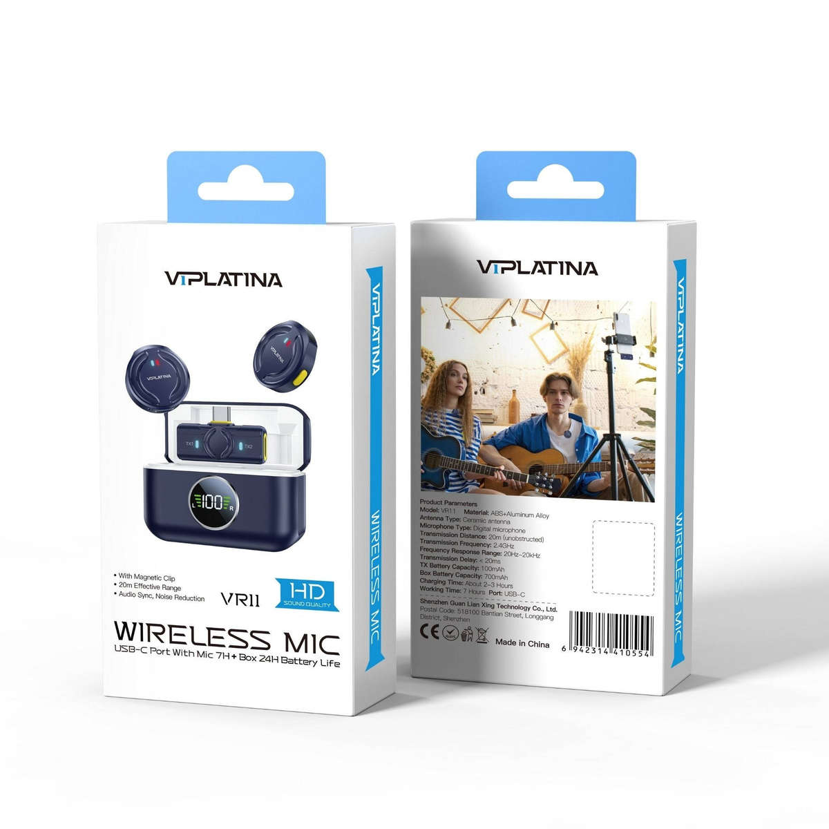 VIPLATINA VR11 Wireless Mic,USB-C, Dual Transmitter, Magnetic Clip, 20m Range, 7H Battery Life