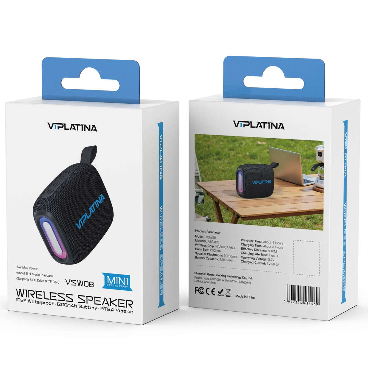 VIPLATINA VSW08 Wireless Bluetooth Speaker, Portable with RGB Light, Black, Carry Strap