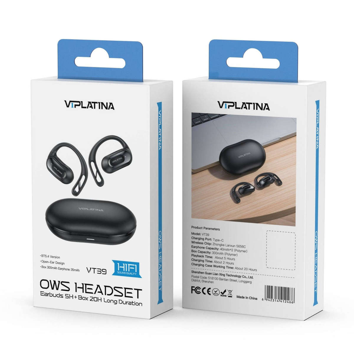 VIPLATINA OWS VT39 Open-Ear Wireless Earbuds, Bluetooth 5.4, with Charging Case, Black