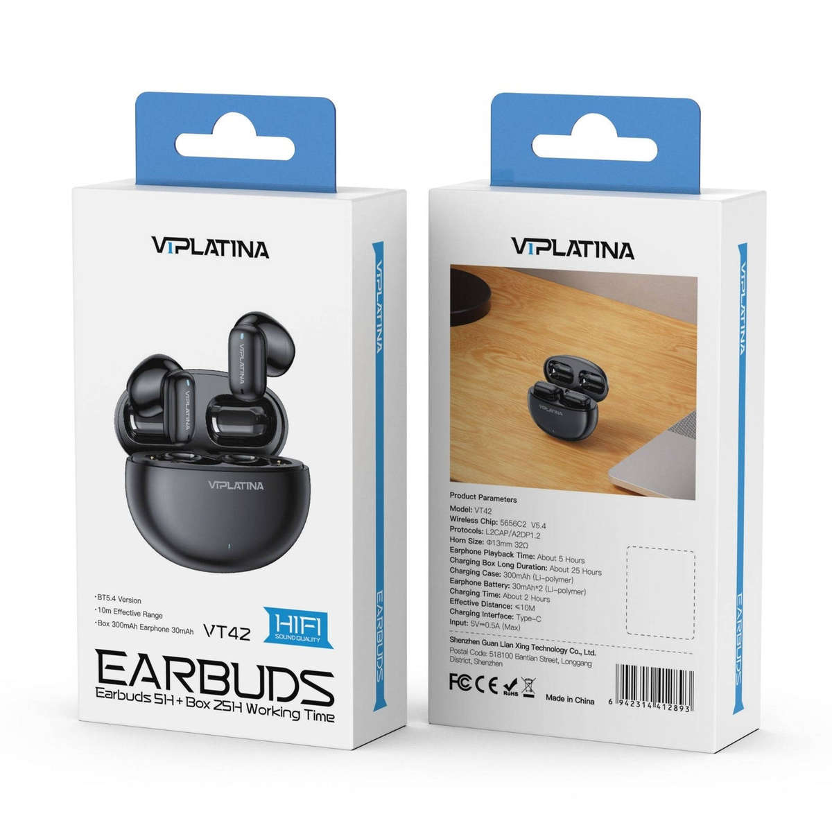 VIPLATINA VT42 True Wireless Earbuds, Bluetooth 5.4, HiFi Sound, 5H Playback with 25H Charging Case