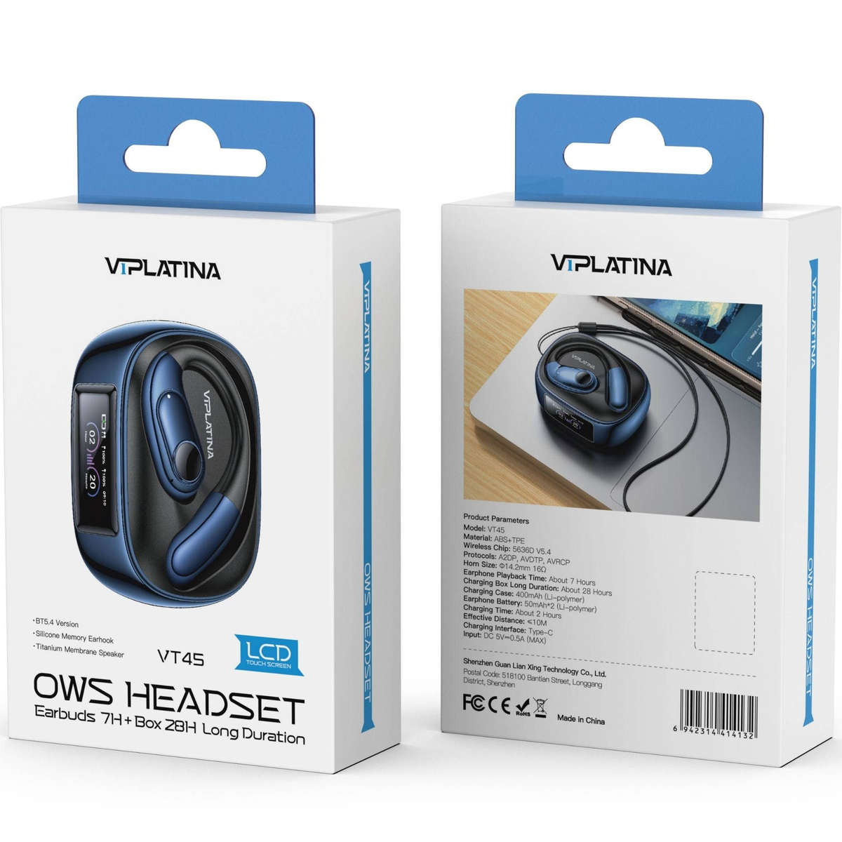 VIPLATINA VT45 OWS Open-Ear Wireless Earbuds VT45, Clip-on-Ear Design, with Charging Case