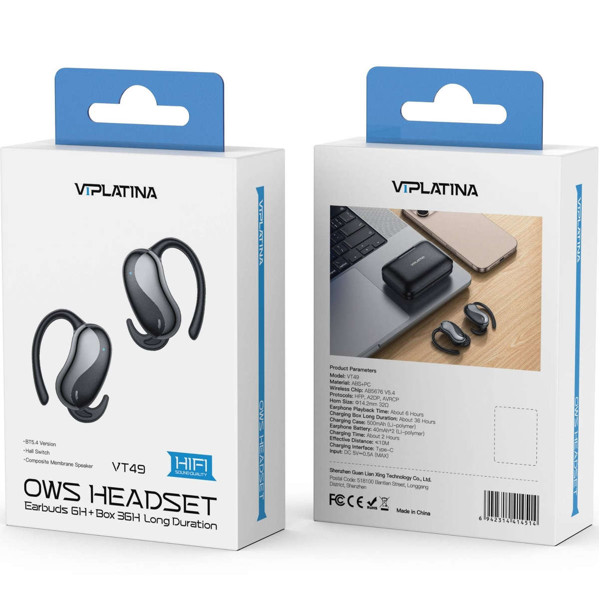 VIPLATINA OWS VT49 Wireless Earbuds, Bluetooth 5.4, Open-Ear Hook Design, 6H Playback, 36H