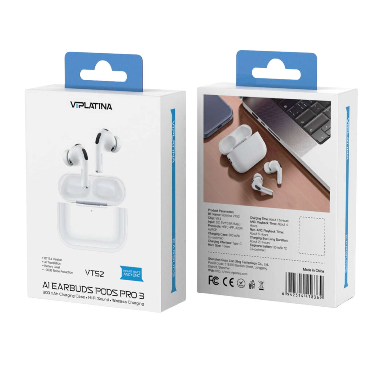 VIPLATINA VT52 AI Earbuds Pods Pro 3 Wireless Bluetooth 5.4 ANC + ENC Noise Reduction