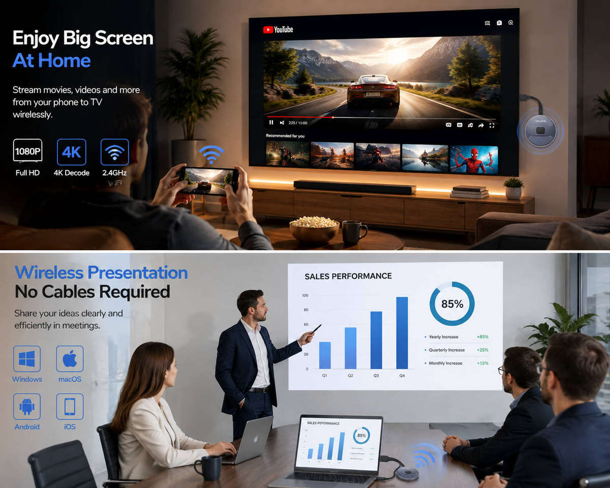 VIPLATINA Wireless Display Adapter 1080P 2.4GHz Wi-Fi | 4K Video Decoding, Wide Device Compatibility