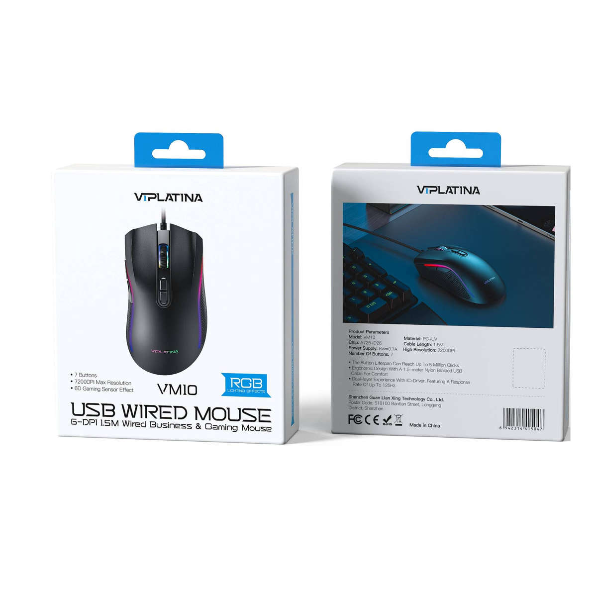 VIPLATINA VM10 Wired USB Gaming Mouse, 7200DPI, 7 Buttons, RGB Lighting, 1.5M Braided Cable, Black