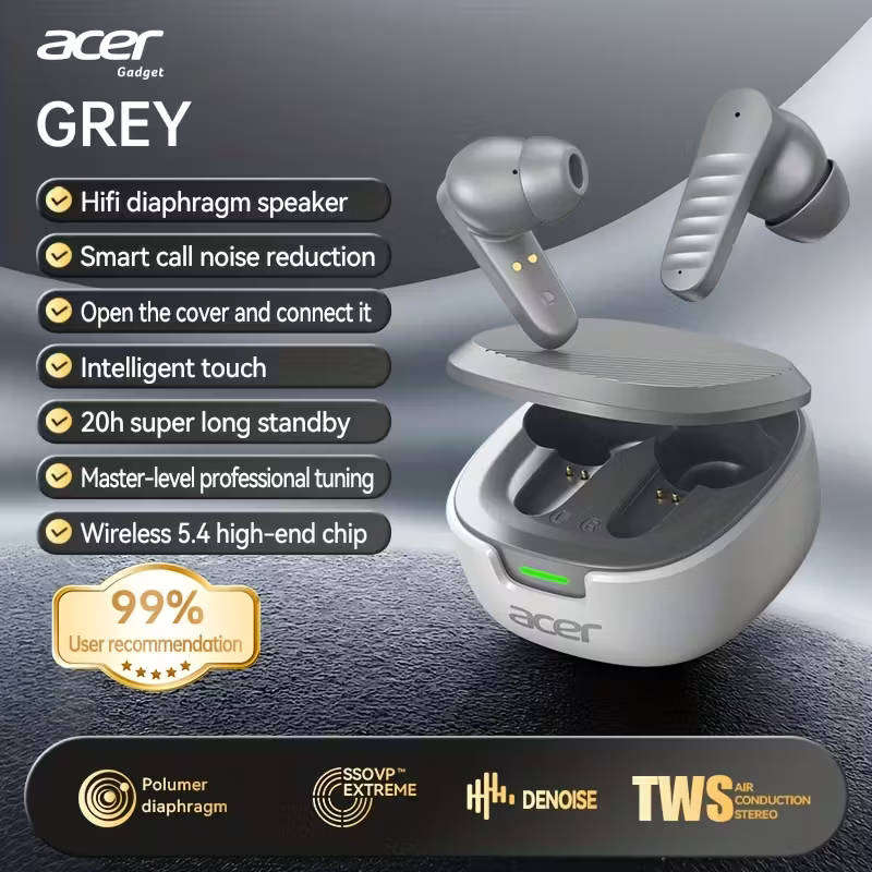 Acer TWS Earbuds Wireless Bluetooth Waterproof Heavy Bass Noise Cancellation *Grey*