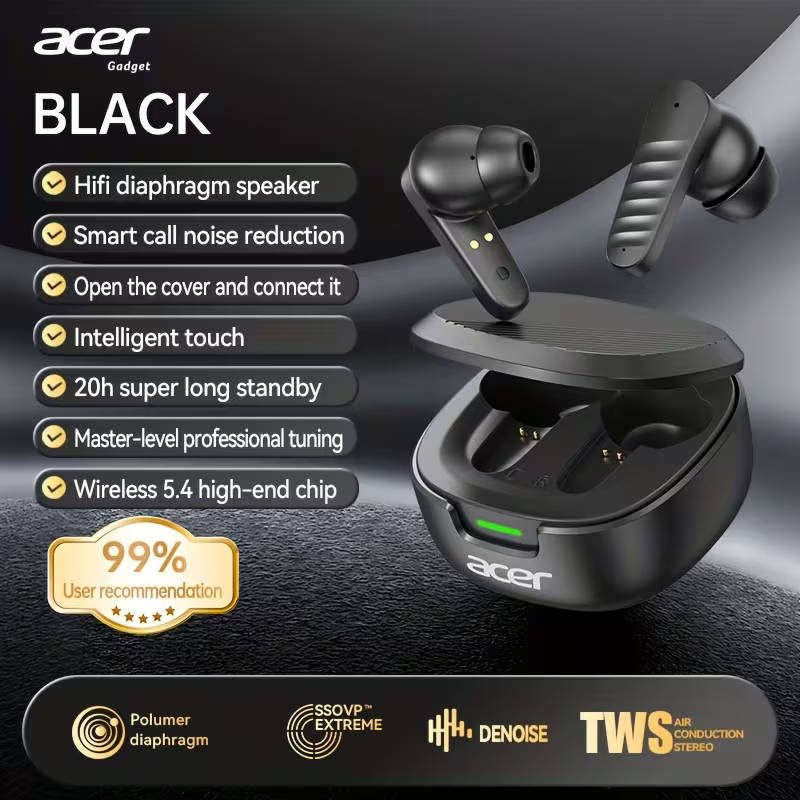 Acer TWS Earbuds Wireless Bluetooth Waterproof Heavy Bass Noise Cancellation *Grey*