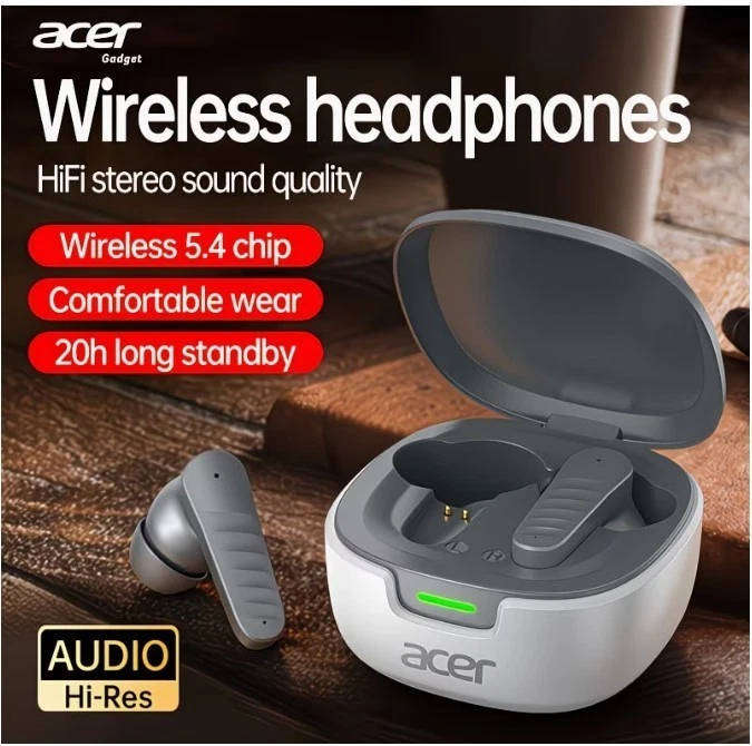 Acer TWS Earbuds Wireless Bluetooth Waterproof Heavy Bass Noise Cancellation *Grey*