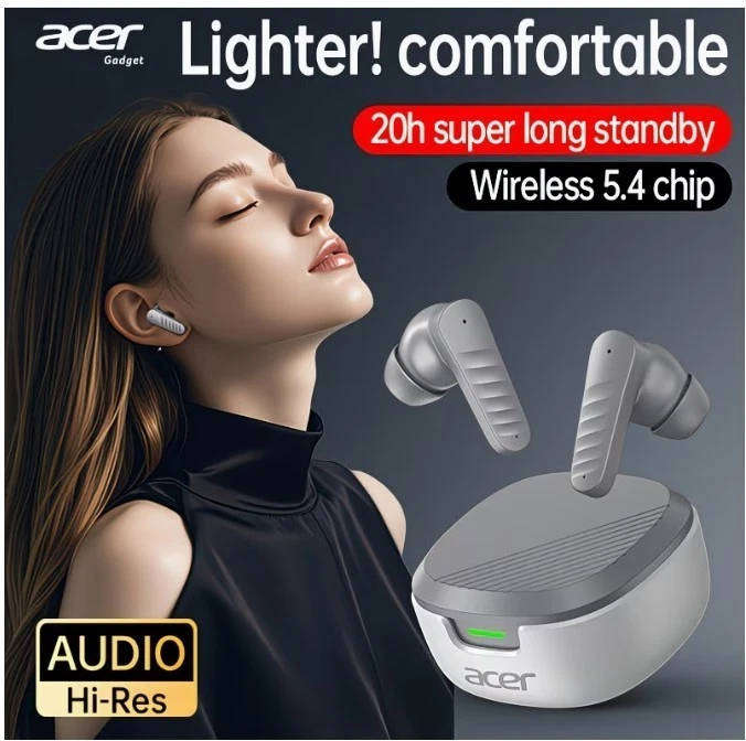 Acer TWS Earbuds Wireless Bluetooth Waterproof Heavy Bass Noise Cancellation *Grey*