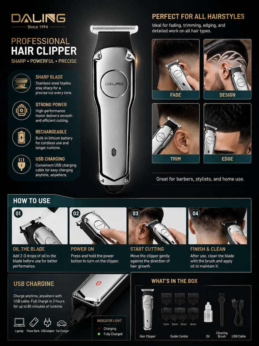 DALING Professional Hair Clipper DL-1205  Rechargeable Cordless Hair Trimmer
